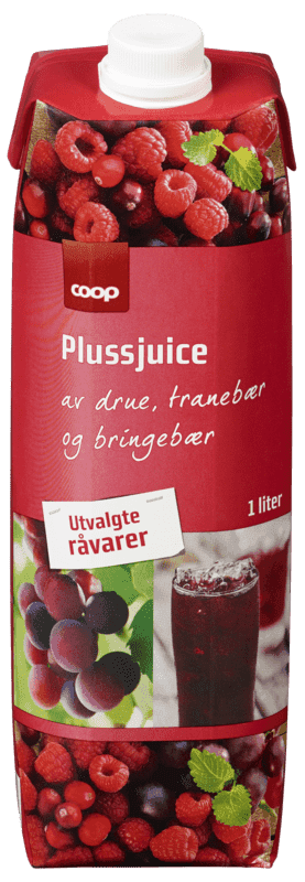 Pluss Drue/Tranebær/Bringebær Juice 1l Coop