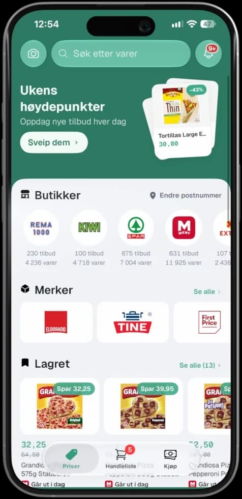 Skjermbilde: SeSum-appen på iPhone, Priser-fanen med ukens høydepunkter, butikker, merker og lagrede tilbud