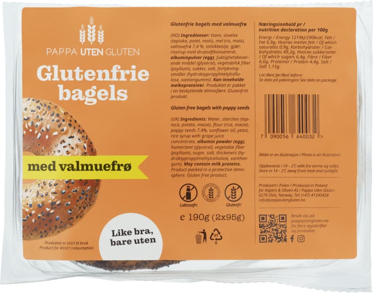 Bagels med Valmuefrø Glutenfri 190g Pappa Uten Gluten