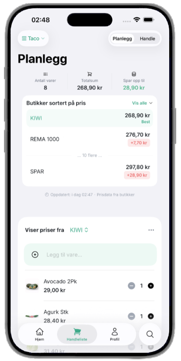 SeSum app – butikker sortert etter totalpris på handlelisten din